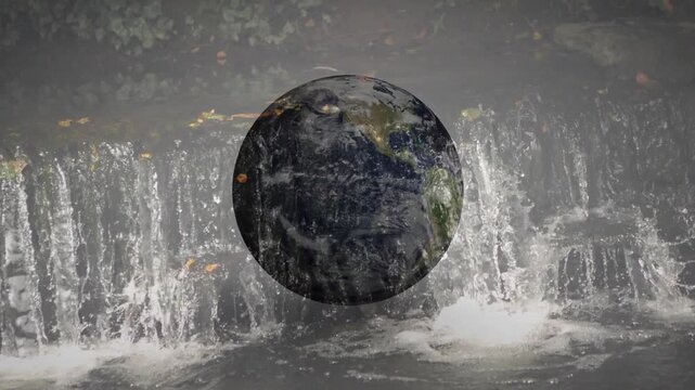 On starting semi-transparent globe rotating slowly over falls blending, showing water cycle