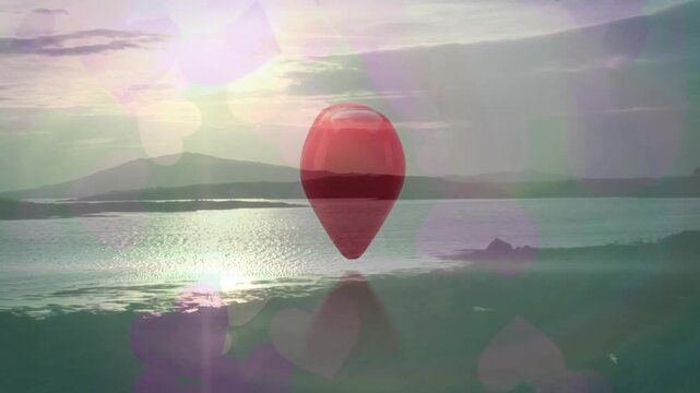 Glossy red 3D heart hovering above sea, rod entering from right breaking into pieces showing loss