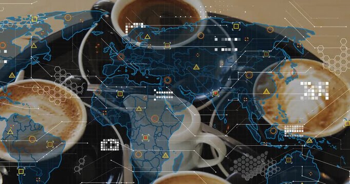 Blue map fading in starting HUD elements sweeping across black tray with four cups, showing data