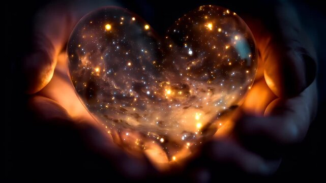Romantic love theme for Valentines Day. A person holding a glowing, heartshaped nebula in their hands against a dark background. The nebula is illuminated, giving it a luminous, ethereal quality.