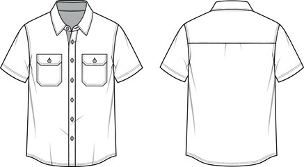 Technical flat sketch of a men's short sleeve button down work shirt with double chest pockets and back yoke detail. © Nazmul 