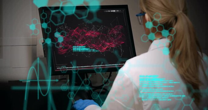 Lab researcher interacting screen as code refreshing analyzing red molecular data with hex overlay