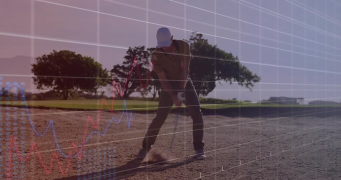 After addressing ball golfer swinging wedge striking sand lifting ball onto green charts drifting