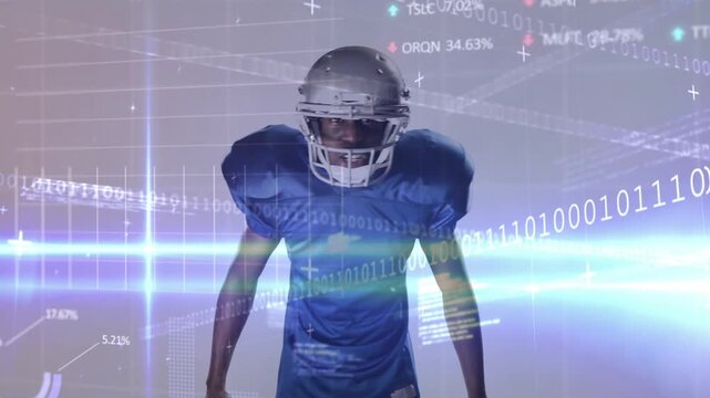 Running football player holding ball, adjusting silver helmet in studio with blue jersey and data