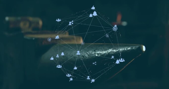 Holographic network sphere rotating and defining as ember sparking nodes, revealing links over tool