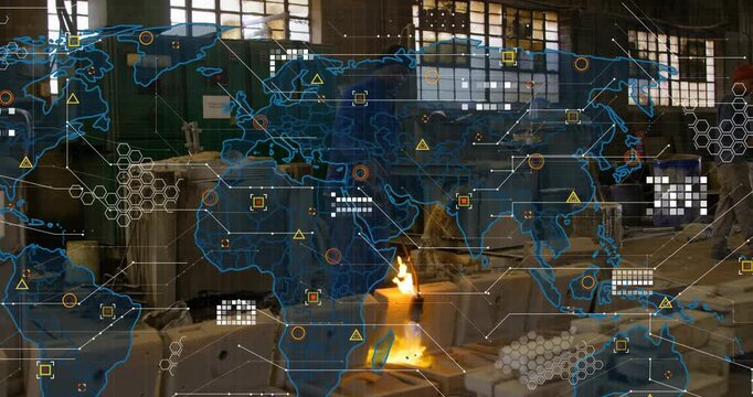 Foundry worker igniting torch, heating molds for casting, crew tending gear, map HUD layering scene