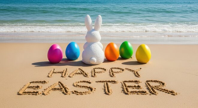 Celebrating easter with colorful eggs and a bunny on a sandy beach