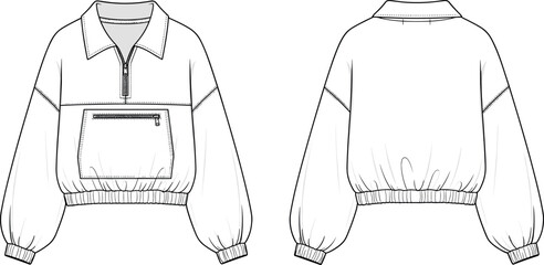 Women Oversized Quarter Zip Pullover Sweatshirt Fashion Flat Sketch Technical Drawing Template with Front and Back View for Streetwear Design © MDBABUL