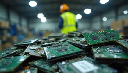 Pile of discarded electronic circuit boards in recycling facility. Worker in orange hard hat and yellow vest sorts scrap components. Tech waste management and sustainability.