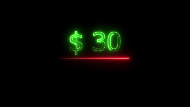 30 Dollar counting neon sign animation on dark background. Glowing thirty dollars icon Finance and Currency Concept 4k video.