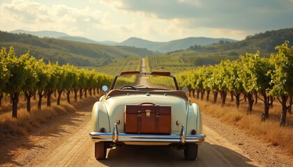 Naklejka premium Classic cream convertible car with brown suitcase drives on dusty road through green vineyard. Rolling hills and sunny sky form scenic background for countryside journey.