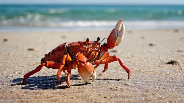 Close up of a crab on sandy beach with ocean background