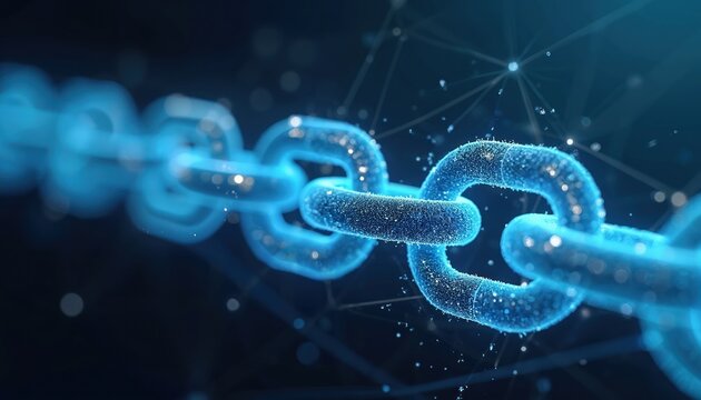 Abstract glowing blue chain links form a secure network. Digital data flows creating a strong decentralized system. Tech innovation enhances cyber security and trust.