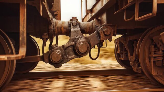 Close up of the connecting mechanism between two train cars on tracks