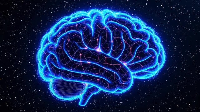 Blue glowing brain in space