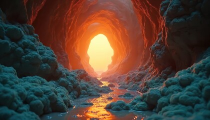Fototapeta premium Vast subterranean cavern with glowing orange light ahead. Water flows through rocky passage with blue textured formations. Mysterious underworld journey into the unknown.