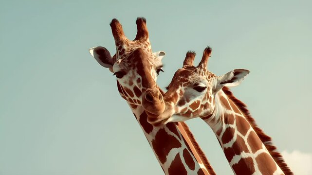 Romantic love theme for Valentines Day. Two giraffes standing side by side against a backdrop of a clear blue sky. They are both brown and white in color.