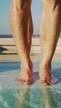 Vertical video: Bending man in trunks testing pool water at pool deck, toes and hand making ripples