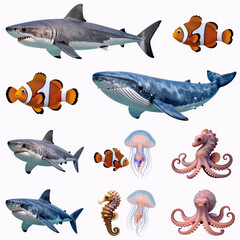 Fototapeta premium graffiti, icon set of marine animals and sea creatures in various formats