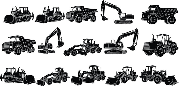Silhouettes of construction vehicles, bulldozers, dump trucks, excavators, graders, tractors, heavy machinery equipment, industrial machines, vector illustration, black icons