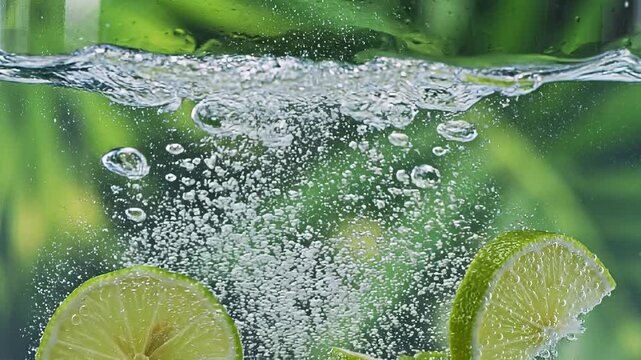 Fresh lime slices dropped in water with bubbles rising