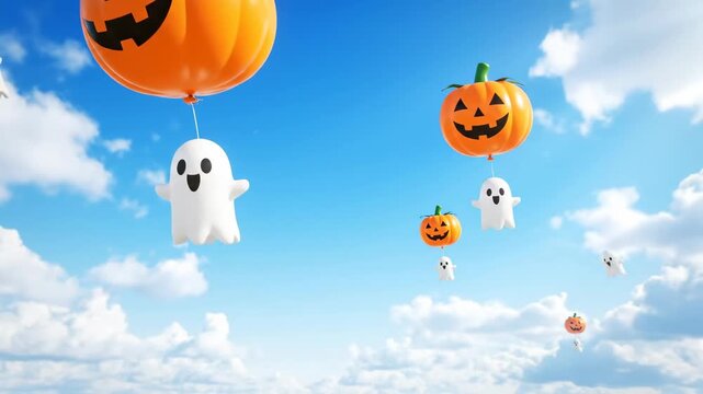 Whimsical scene featuring floating pumpkins and ghosts against a blue sky with fluffy clouds. Cartoon-style characters are cheerful, creating a playful ambiance