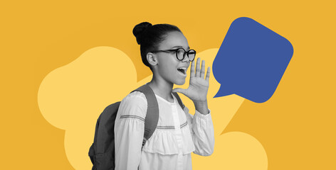 A girl wearing glasses and a backpack is shouting with excitement. She stands in front of a bright colored background. The scene is created as a collage to capture energy and enthusiasm. © Prostock-studio