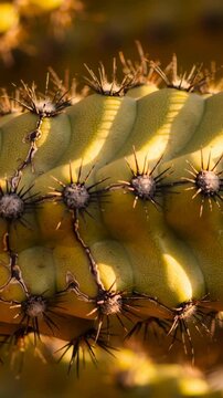 Vertical video: Pulling back camera revealing cactus stem at garden for texture, areoles and spines
