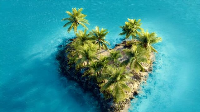 Romantic love theme for Valentines Day. An aerial view of a tropical island with lush green palm trees, situated in the middle of a body of water.