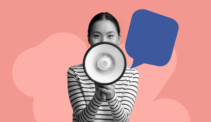 A woman stands in front of a pink background holding a megaphone. She is smiling and has a speech bubble next to her. The collage presents a bright and engaging scene that draws attention. © Prostock-studio
