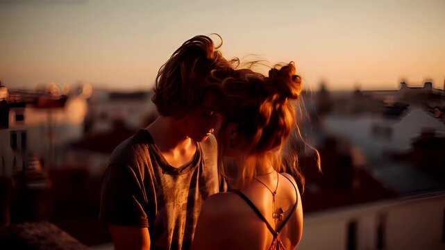 Lovely couple romantic moment. Valentines Day. A man and woman standing side by side on top of a roof, illuminated by the setting sun. The man wears a tshirt, and the woman wears a dress.