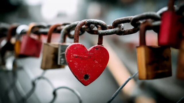 Romantic love theme for Valentines Day. A row of red heartshaped padlocks attached to a chain on a bridge, with a blurred background, conveying a feeling of love and affection.