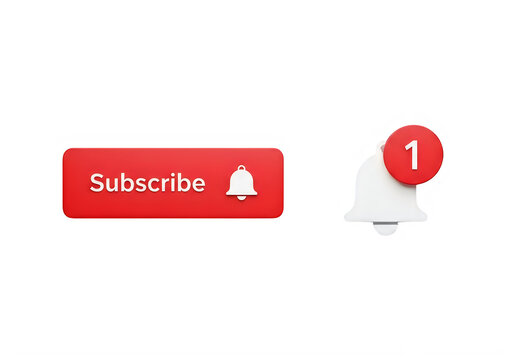 Red subscribe button with notification bell isolated on transparent background