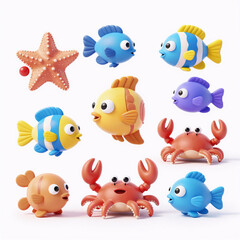 Obraz premium futurist, a collection of adorable cartoon sea creatures on a white backdrop