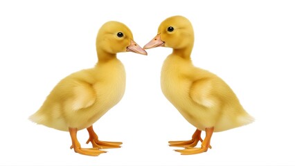 Two adorable yellow ducklings facing each other on transparent background