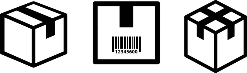Packaging icons including boxes and shipping label with barcode