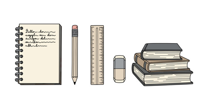 A hand-drawn illustration features essential school supplies, including a spiral notebook, a pencil, a ruler, an eraser, and a stack of classic books.