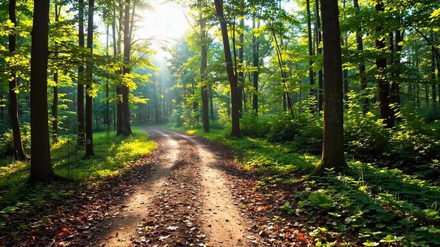 Sunlit forest path with green trees