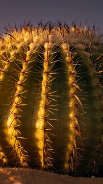 Vertical video: Shifting sunlight revealing barrel cactus ribs spines areoles from low desert sun
