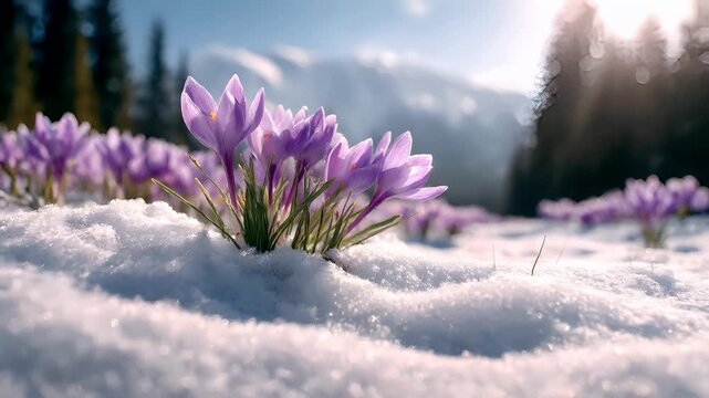 Spring snow ice thaw, end of Winter Season, hope, fresh start. A breathtaking winter scene with purple crocuses in the snow, their vibrant petals contrasting against the pristine white backdrop.