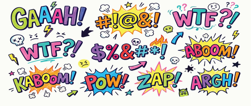 Colorful crayon swear words and curses lettering imitation collection. Hand drawn doodle lettering with skull, typography symbols, doodle character elements. Vector ink swear illustration.