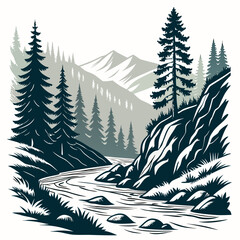 Fototapeta premium Mountain forest landscape with river and trees