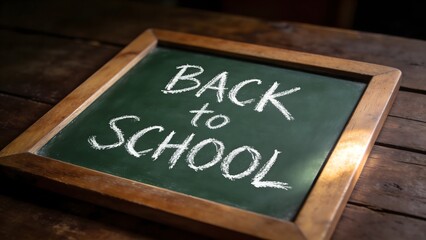 Fototapeta premium Handwritten message on a small green wooden framed chalkboard announces the celebratory theme back to school season.