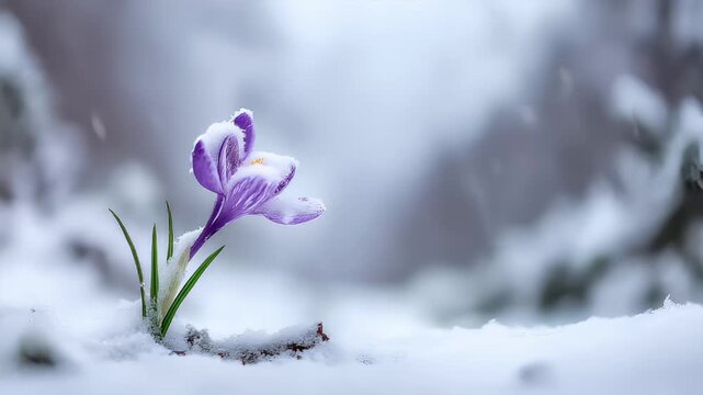 Spring snow ice thaw, end of Winter Season, hope, fresh start. A vibrant purple crocus in the snow, its delicate petals contrasting against the stark white backdrop.