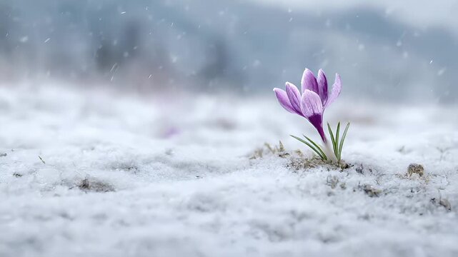 Spring snow ice thaw, end of Winter Season, hope, fresh start. A vibrant purple crocus flower in the snow, its delicate petals contrasting against the stark white backdrop.