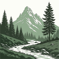 Fototapeta premium Serene mountain landscape with river and pine trees 2