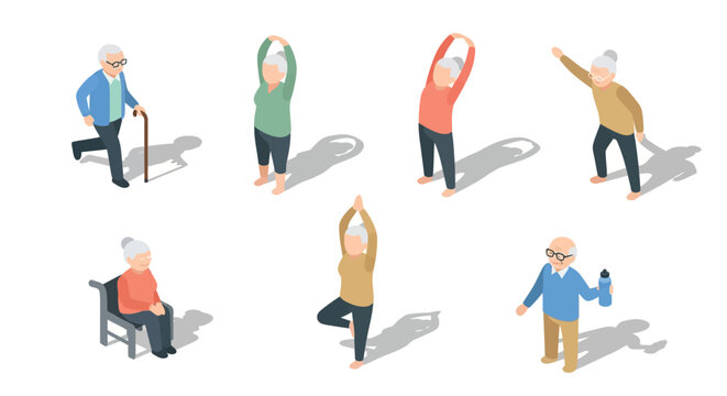 Seniors engaging in physical activity with isometric style for healthy aging