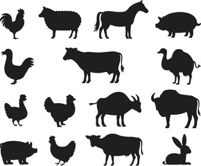 Farm animals silhouette set including rooster, sheep, horse, pig, cow, goat, camel, buffalo and rabbit, black livestock icons isolated on light background