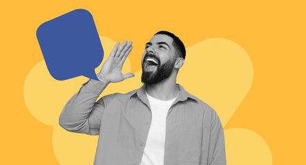 A man is raising his hand to his mouth, shouting or talking loudly. He stands against a bright yellow background with a speech bubble to show expression. © Prostock-studio