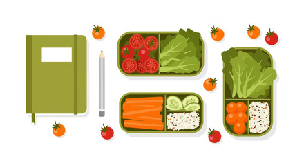 Flat design meal prep with healthy vegetables and notebook